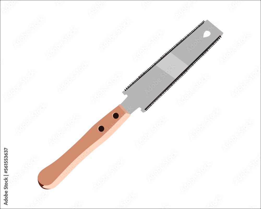 Vector Illustration Hand Pruning Folding Saw isolated. Carpentry hand tools. This saw is used to cut a wide range on the large end of wood thicknesses or trim live shrubs and trees.