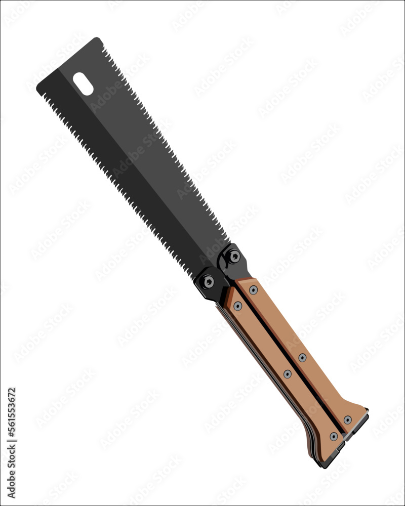 Vector Illustration Hand Pruning Folding Saw isolated. Carpentry hand tools. This saw is used to cut a wide range on the large end of wood thicknesses or trim live shrubs and trees. Vector Illustration Hand Pruning Folding Saw isolated. Carpentry hand tools. This saw is used to cut a wide range on the large end of wood thicknesses or trim live shrubs and trees.