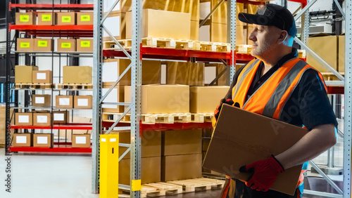 Man loader in warehouse. Gu...