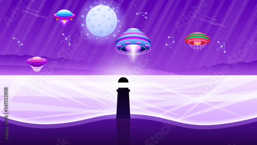 Abstract Aliens On Flying Saucers In Dark Background With Lighthouse Gradient Unidentified Flying Object Ufo Stars Vector Design Style