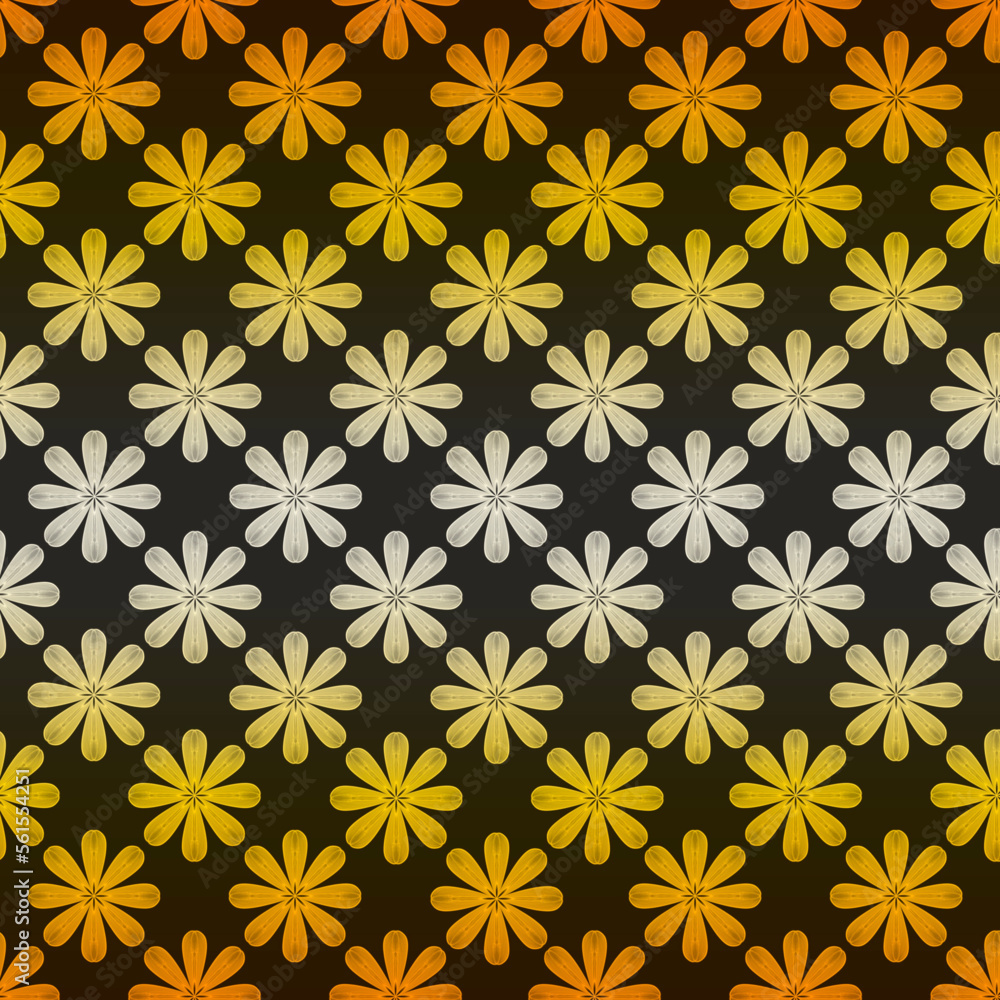 小花模様のリピートパターン、花模様のシームレスパターン、黄色やオレンジ色の花の背景イラスト