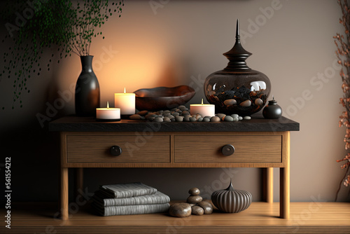Wooden vintage table top or shelf with candles and pebbles, zen mood, over colored contemporary living room with chest of drawers, japandi interior design, 3d illustration. Generative AI