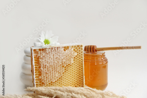 honeycomb with honey and a jar of honey with a wooden spoon. Honey in honeycombs
