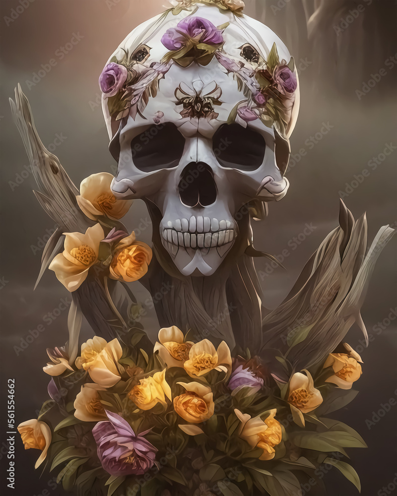 Skull in flowers, dark background, fantasy, AI illustration.