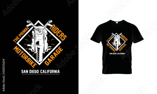 The Primal Riders Motorbike Garage San Diego California Vector abstract T-shirt Design. 