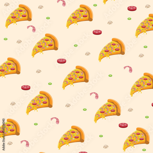 vector pizza slice pattern studded with shrimp, meat and mushrooms