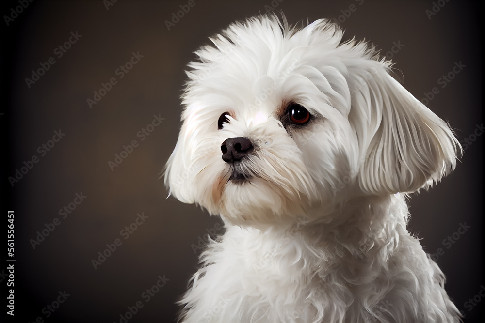 Cute and beautiful Maltese dog portrait in front of dark background. Cute and beautiful Maltese dog portrait in front of dark background.