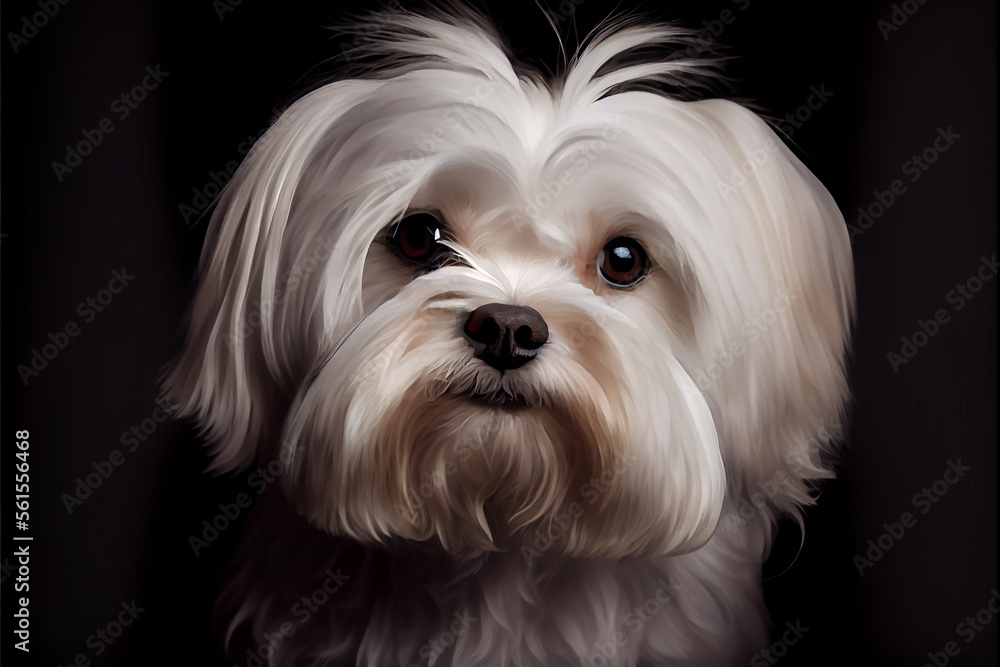 Cute and beautiful Maltese dog portrait in front of dark background. Cute and beautiful Maltese dog portrait in front of dark background.