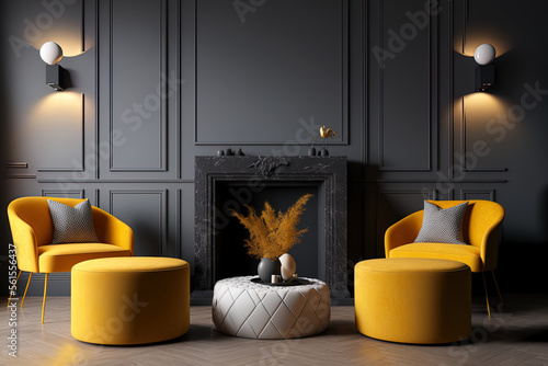 Cozy lounge area in a living room. Bright accent Mustard yellow poufs and a large fireplace. Luxury american style home interior. Plaster stucco dark gray wall microcement texture. Generative AI photo