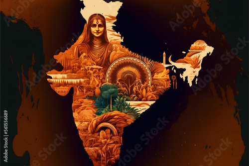 India Map shows its diversity in culture, religions, vegetation, flora, fauna, agriculture, territory, seasons, and terrain. photo