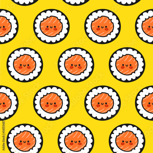 Cute funny asian japanese sushi character seamless pattern. Vector hand drawn cartoon kawaii character illustration icon. Cute kawaii sushi,Japan asia food cartoon seamless pattern concept