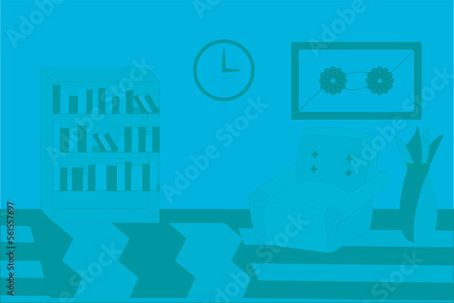 Interior of the living room. Warm living room with sofa,library,flower pot and flowers painting vector illustration