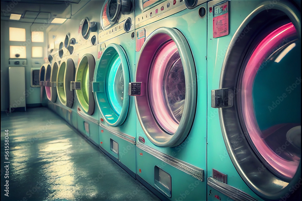 Colorful washing machines row at a laundromat, industrial washing services background, generative AI Colorful washing machines row at a laundromat, industrial washing services background, generative AI