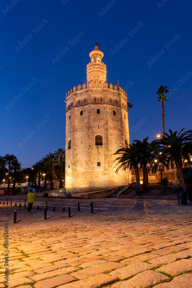 Golden tower, Torre del Oro, at sunset in Seville, Andalusia. Spain.