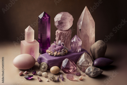 Abstract composition of semi-precious stones , quartz, amethyst. Generative AI