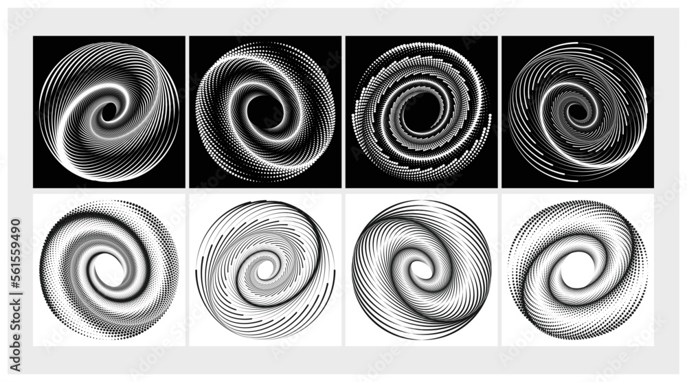 An abstract white spiral dotted line on black and white background. Halftone design elements are used for border frames, round logos, tattoos, signs, symbols, web pages, prints, templates, and pattern An abstract white spiral dotted line on black and white background. Halftone design elements are used for border frames, round logos, tattoos, signs, symbols, web pages, prints, templates, and pattern