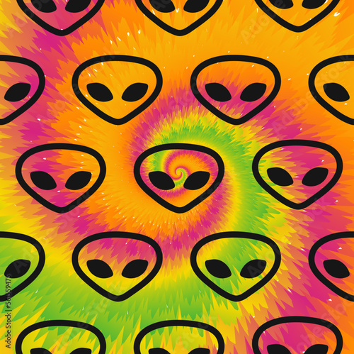Alien faces,tie dye background.Vector tie dye crazy cartoon character illustration.Ufo,alien,tiedye background,pattern,wallpaper print concept