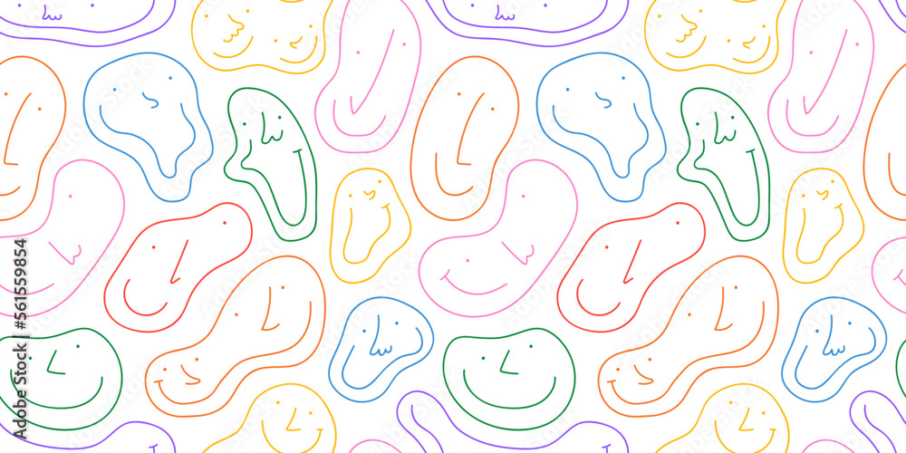 Diverse colorful people melting faces seamless pattern illustration. Multi color happy cartoon characters in funny children doodle style. Friendly community or kid group smiling background print. Diverse colorful people melting faces seamless pattern illustration. Multi color happy cartoon characters in funny children doodle style. Friendly community or kid group smiling background print.