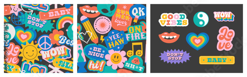 Vintage cartoon sticker label seamless pattern set. Retro 90s smiley icon tag background texture collection. Trendy funny quote sign wallpaper print, repeatable texture bundle.