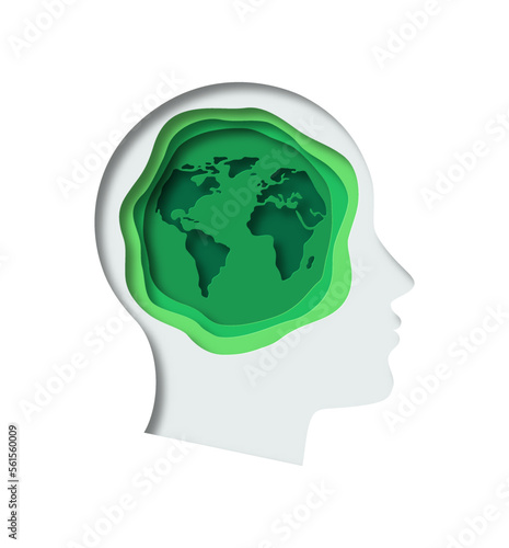 Green paper cut earth planet inside human head. Modern 3d papercut illustration concept of man profile silhouette with nature world map. Eco friendly solution, environment care design.