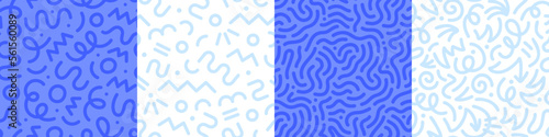 Abstract blue color line doodle seamless pattern set. Creative fun squiggle style drawing background collection with basic shape symbol. Simple geometric scribble wallpaper print.