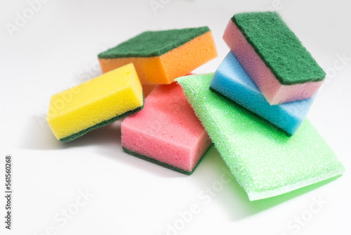 Kitchen dishcloth, cleanup concept, housework. Colorful kitchen sponges for cleaning close-up, housekeeping.