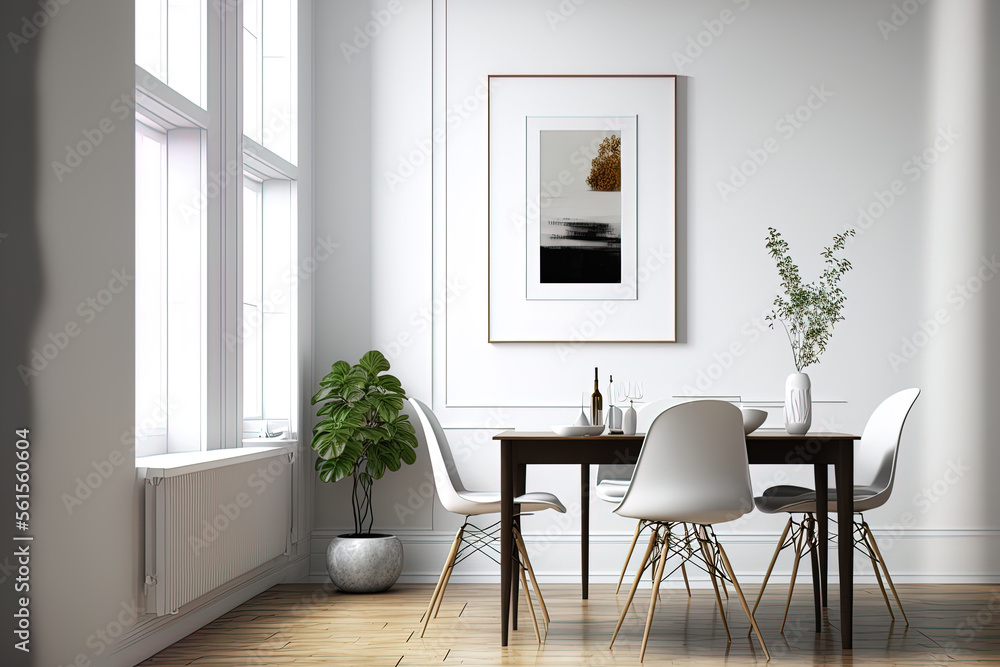 Fototapeta premium Empty white wall with with dining table and chairs. interior living room. Generative AI