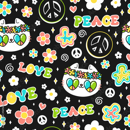 Cute cat,peace hippie symbol in flower seamless pattern. Vector hand drawn kawaii trendy cartoon illustration.Hippie cat,60s,70s,groovy fashion print seamless pattern concept