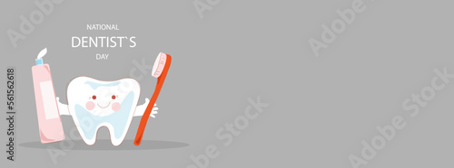 big tooth holds a toothbrush and toothpaste in his hands. National dentist day poster, flyer.Vector doodle cartoon illustration.