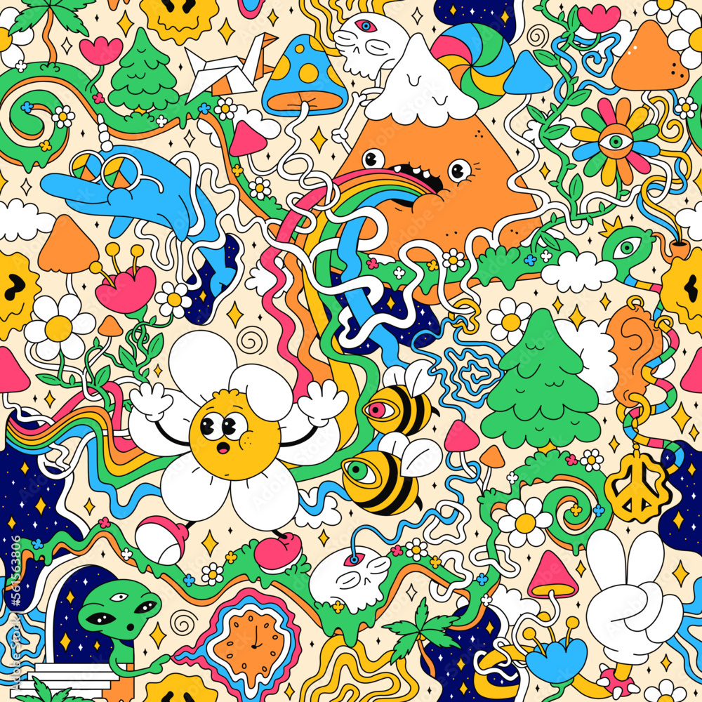 Obraz premium Psychedelic trippy seamless pattern art.Mushroom,magic wizard smoking,melt smile face.Vector cartoon hippie illustration doodle.Trippy 60s,70s,magic mushroom,acid seamless pattern art concept