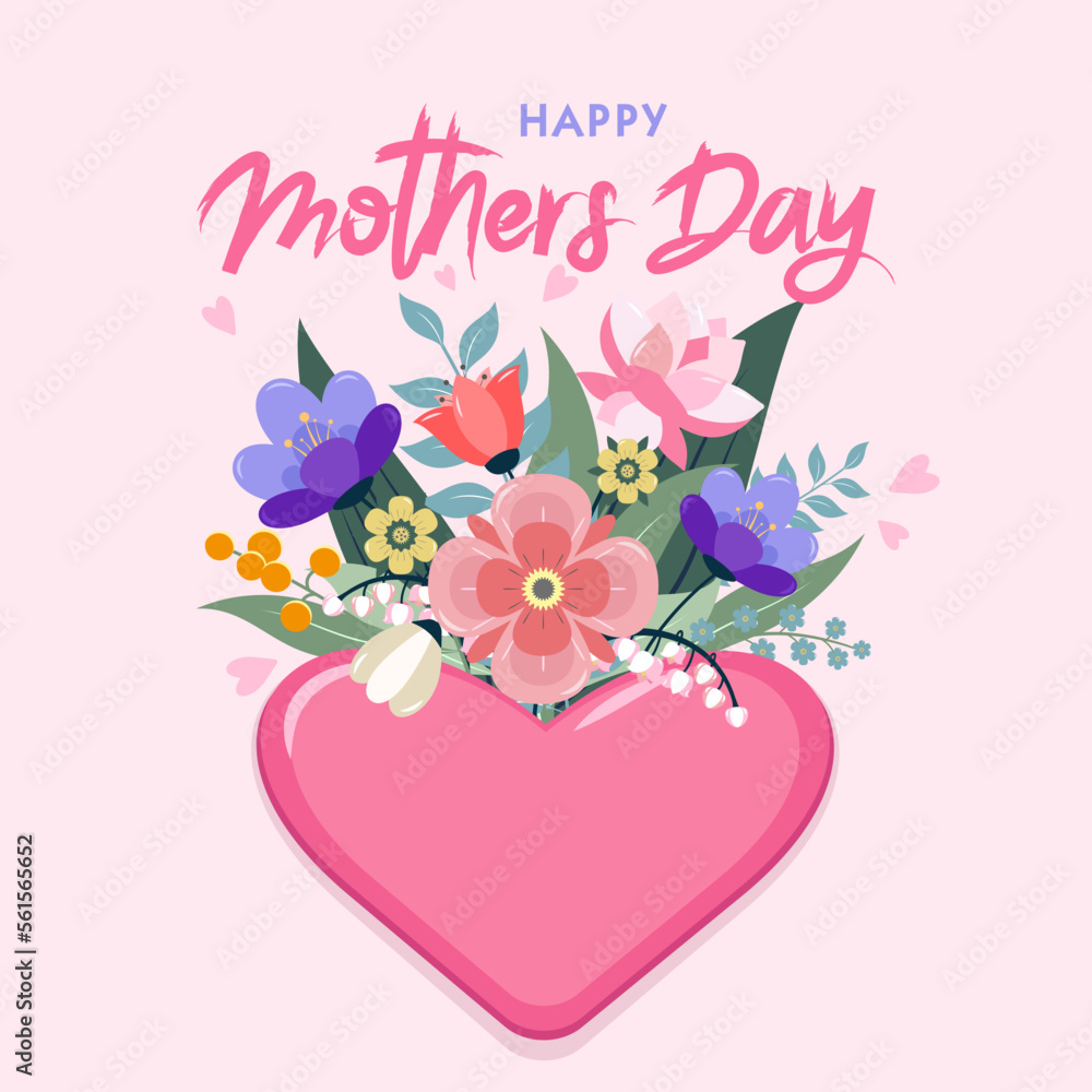 Mother's day greeting card with a bouquet of beautiful flowers with a big pink heart on pink background