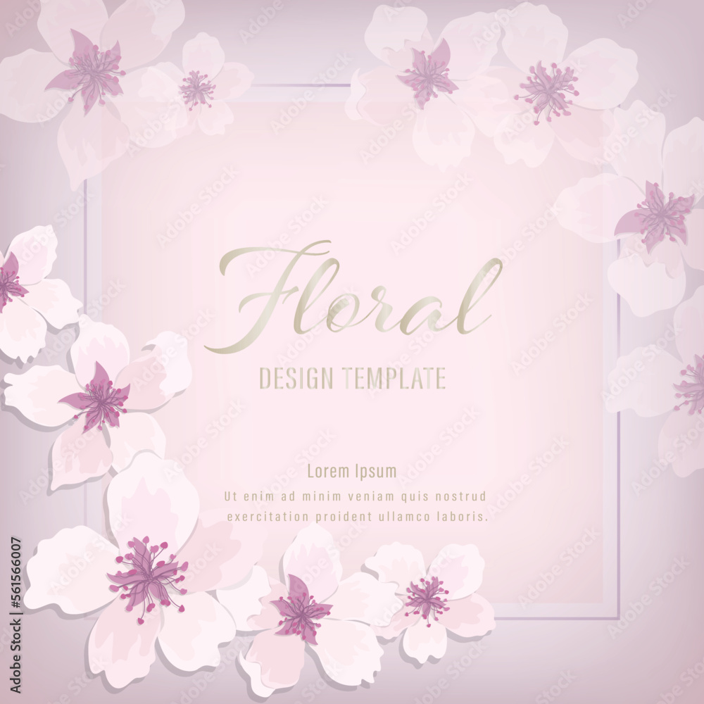 Pink purple Sakura on rectangle floral garland elements. Illustration for printing, invitation card, banner, logo, wedding, birthday.- Vector