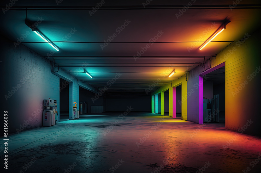 Neon Lights Underground Garage Car Room Cement Asphalt Concrete Background. Generative AI.