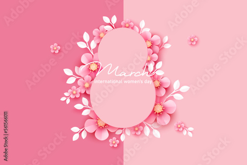 8 March.  International Women's Day greeting card. Paper art pink flowers, number 8 silhouette. 