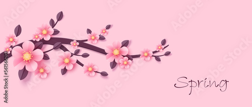 Sakura branch. Pink flowers. Paper art style. Cherry blossoms. Spring art vector illustration.