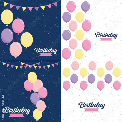 Happy Birthday text with a realistic balloon and vector illustration of a celebration balloon with a colorful flag background includes anniversary birthday light bokeh and glitter