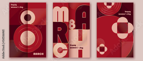 8 march greeting cards design. Intrnational women's day posters, brochure, covers.  Red and golden colors. 