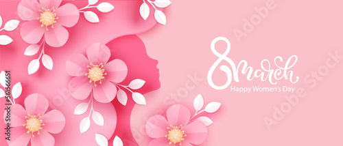 8 March.  International Women's Day greeting card. Paper art pink flowers, leaves, woman silhouette. 