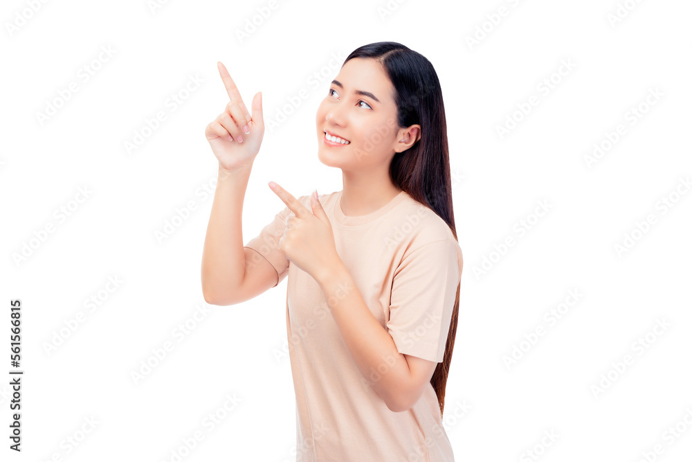 Beautiful young Asian woman pointing up to copy space and looking at space with smile face and happy Pretty girl act like a satisfied product, use for advertising with isolated on white background PNG Beautiful young Asian woman pointing up to copy space and looking at space with smile face and happy Pretty girl act like a satisfied product, use for advertising with isolated on white background PNG