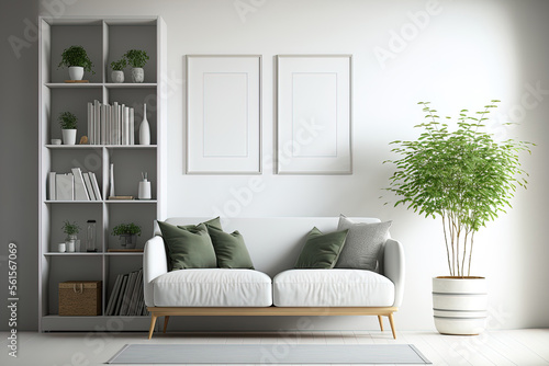 Front view of a light filled living room with a sofa, a white wall, a bookshelf, a vase, books, a concrete floor, and a carpet. minimalist design principle. a mockup. Generative AI