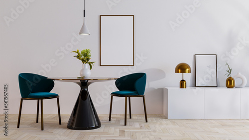 Fototapeta Naklejka Na Ścianę i Meble -  Modern living room with chairs, table, dresser, lamp and poster mockup. Interior with white wall. 3d mockup with pictures on the wall.