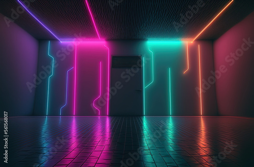 Neon Lights Underground Garage Car Room Cement Asphalt Concrete Background. Generative AI.