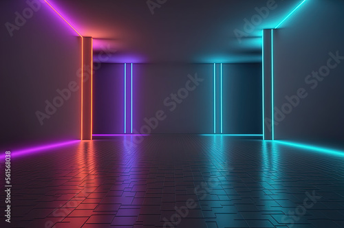 Neon Lights Underground Garage Car Room Cement Asphalt Concrete Background. Generative AI.