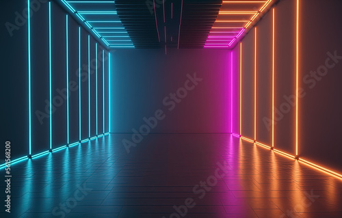 Neon Lights Underground Garage Car Room Cement Asphalt Concrete Background. Generative AI.