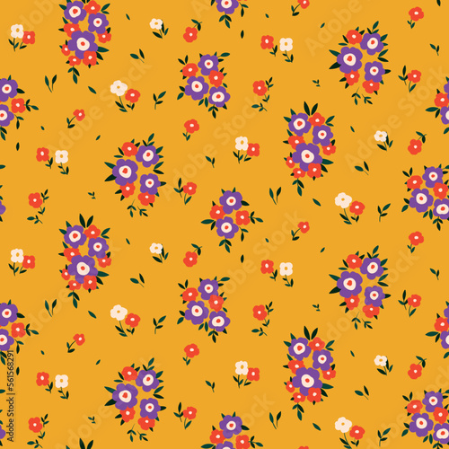 Seamless floral pattern, nice flower print with rustic motif. Cute ditsy design for fabric, paper with small hand drawn flowers, tiny leaves on yellow background. Vector botanical illustration.