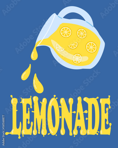 Poster jug of lemonade on a blue background, lettering. Summer refreshing drinks.