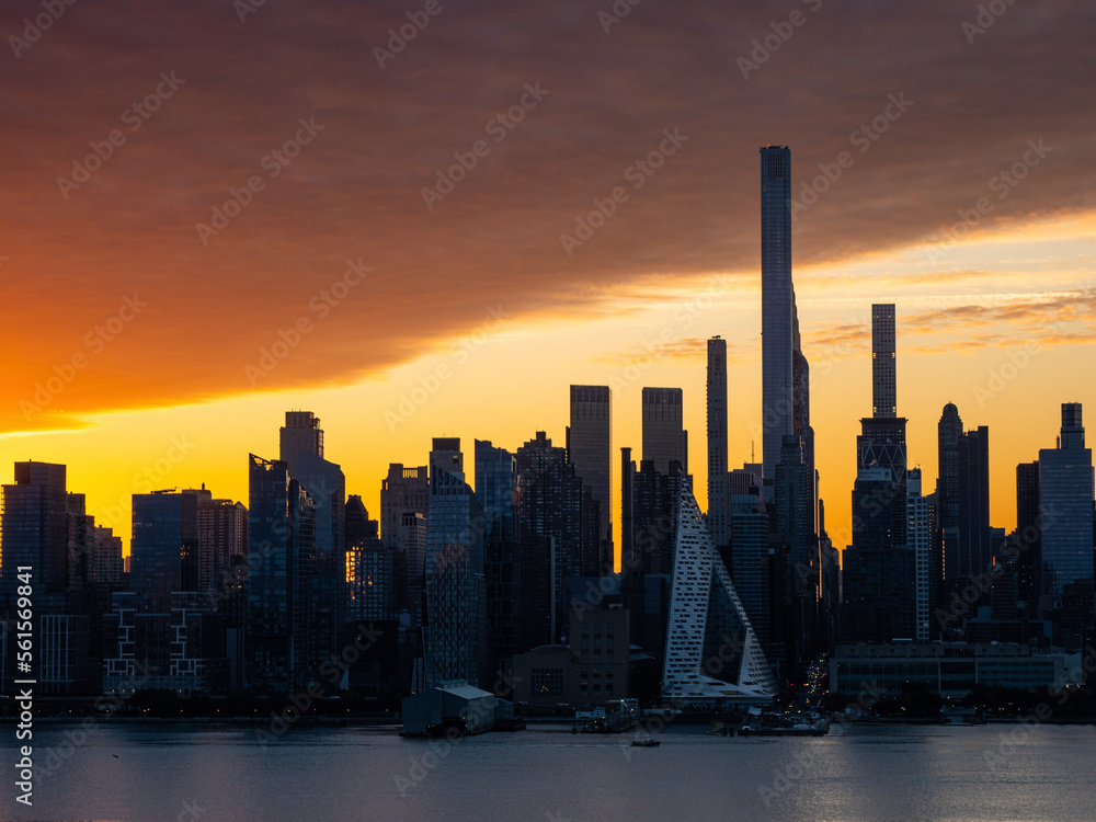Skyline of New York City, Manhattan at sunrise, USA.