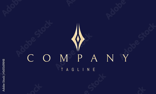 Vector golden logo on which an abstract image of an ink pen with a diamond in the middle.