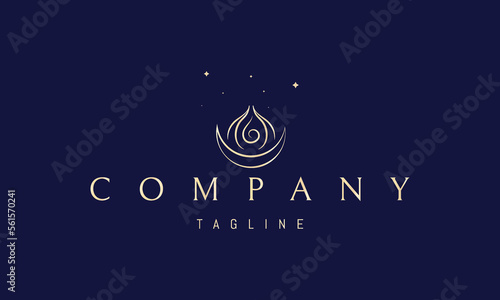 Vector golden logo on which an abstract image of a magical flame with a moon at the base.