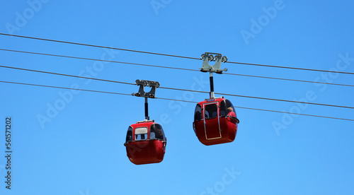 Cable car of Cerro Otto, San Carlos de Bariloche, Rio Negro, Argentina. Means of transport that goes up to Cerro Otto and its rotating confectionery. Tourist attraction. Red funicular. photo